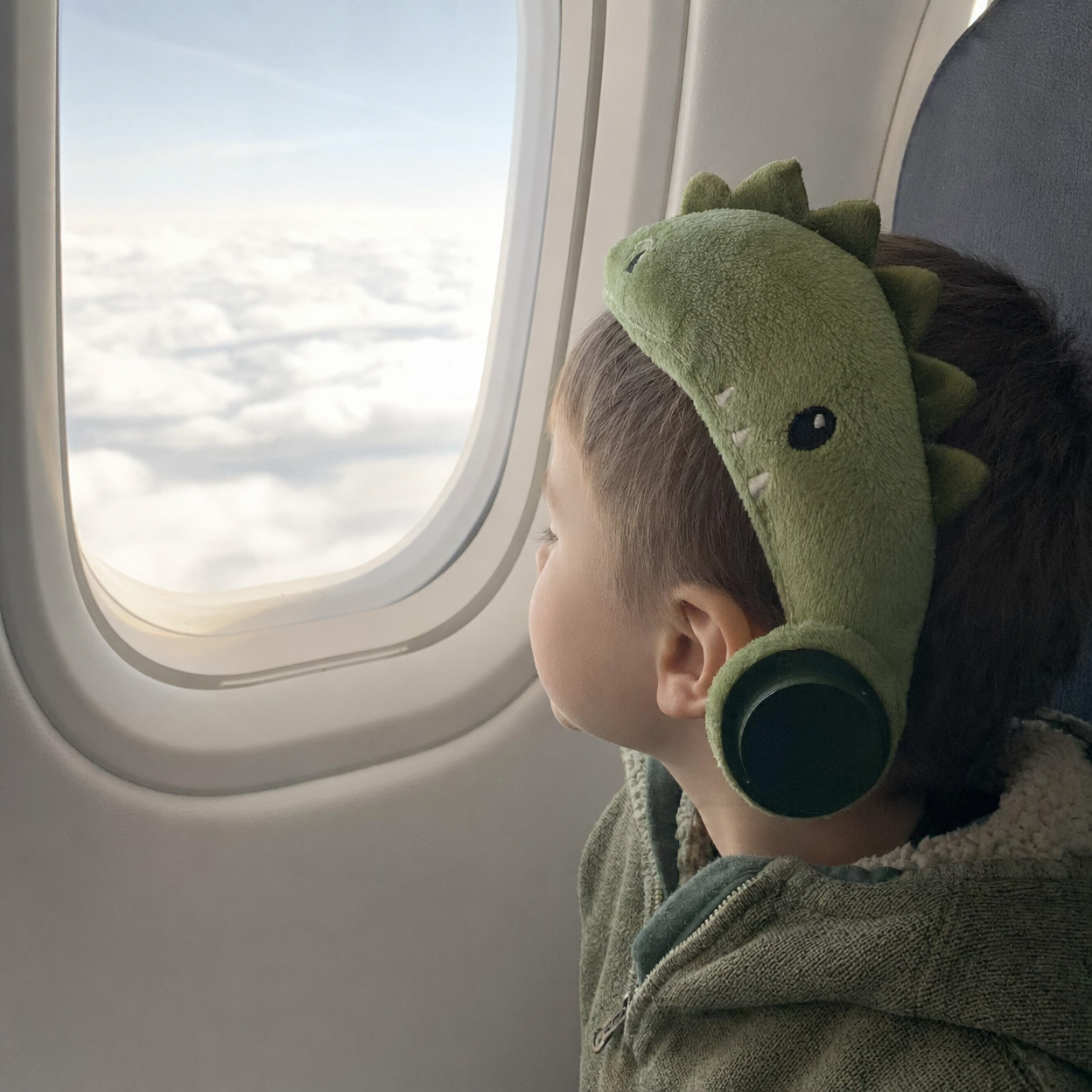 Child peacefully watching out airplane window with SleepBandy