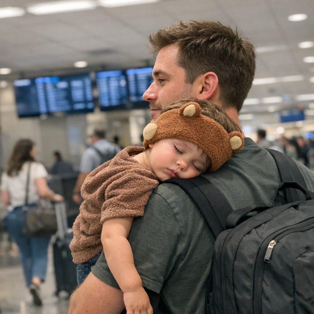 Dad carrying sleeping toddler in airport